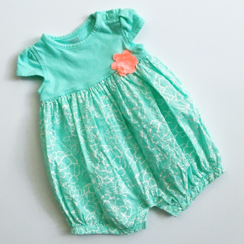 CARTER'S Mint Girls Romper with Pink Flower (3Mo)